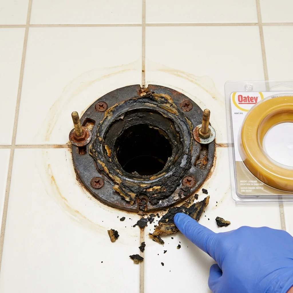 Failed wax ring showing water seepage at the base of a toilet in a Boulder, CO home