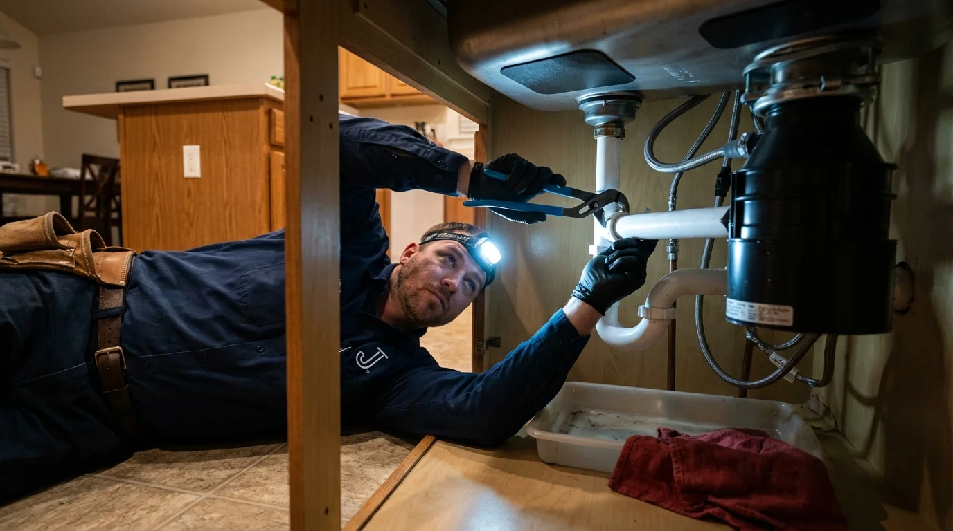 P-trap and supply line connections under a kitchen sink showing a common leak point in Boulder, CO